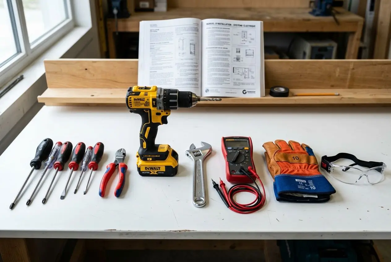 Outils et matériel pour installation électrique: perceuse sans fil, tournevis, pinces, multimètre, gants et lunettes de protection sur une table, manuel d’instructions ouvert en arrière-plan, prêt pour "comment installer un ventilateur de plafond".