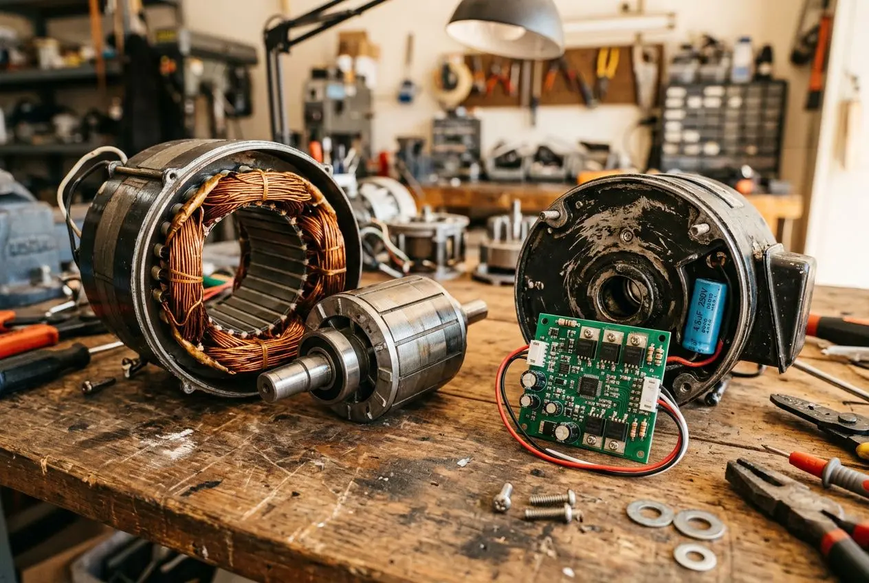 Assemblage d’un ventilateur moteur dc ou ac démonté sur un établi, avec stator, rotor et carte électronique.