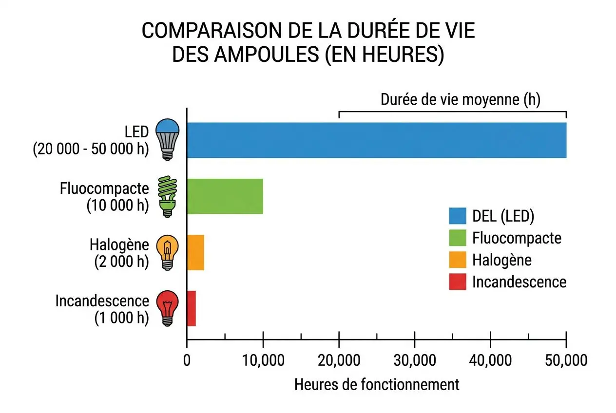 Comparaison de la durée de vie des ampoules: DEL (LED) 20 000–50 000 h en bleu, Fluocompacte en vert, Halogène en orange, Incandescence en rouge.
