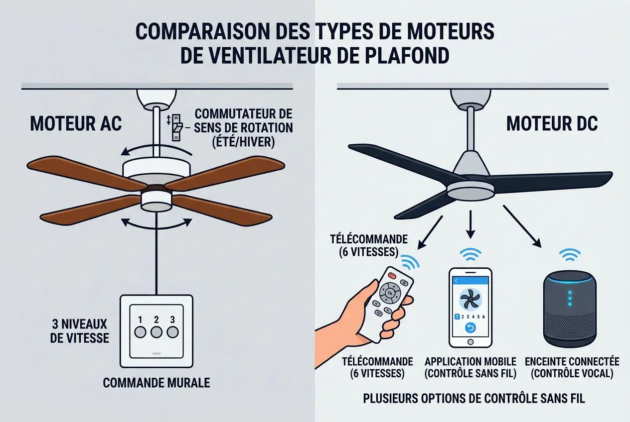 Comparaison des moteurs de ventilateur de plafond: moteur AC avec télécommande murale et 3 niveaux, et moteur DC avec télécommande, application mobile et enceinte connectée pour contrôle sans fil. ventilateur moteur dc ou ac