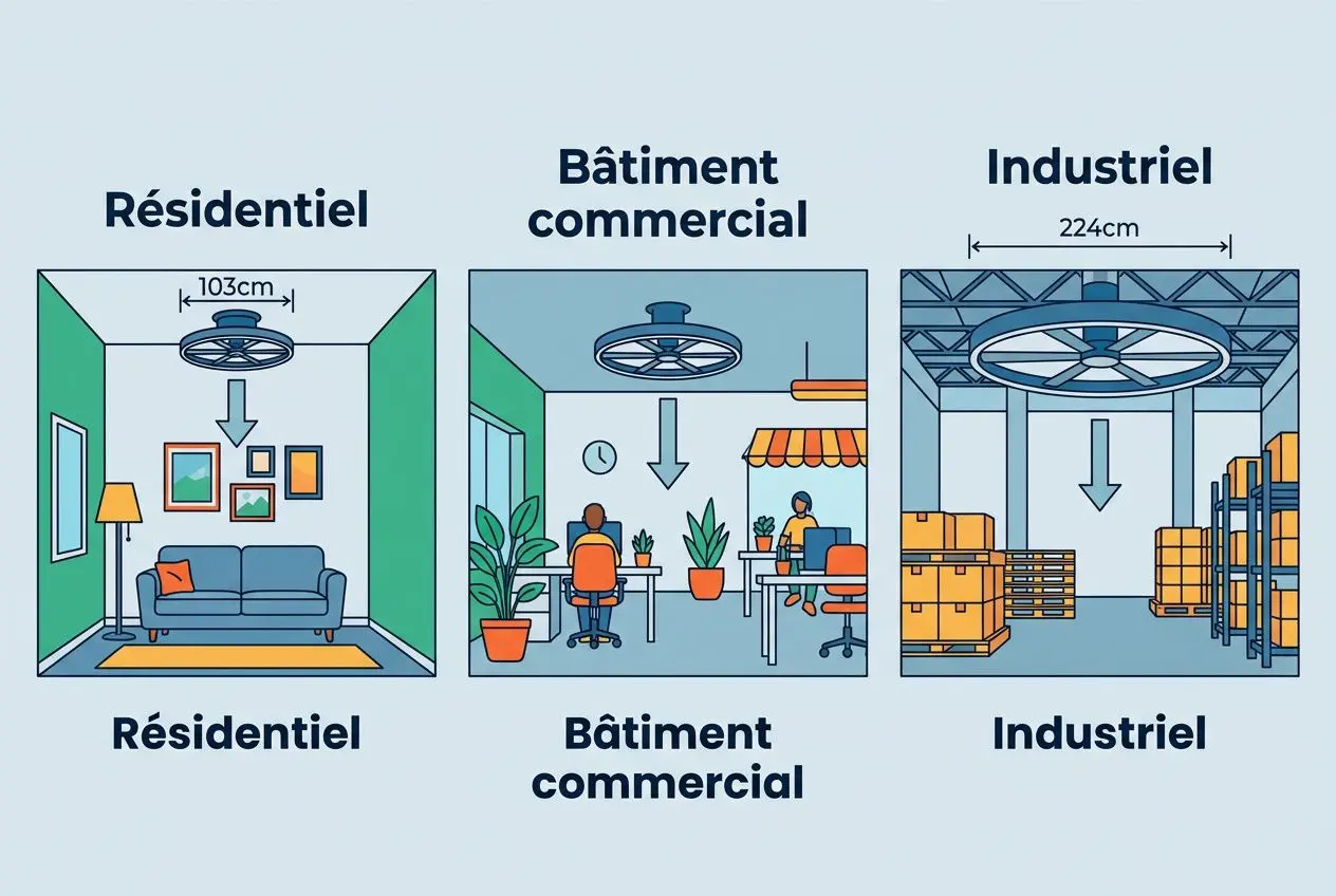 Destratificateur économies d'énergie illustrant trois types de locaux: résidentiel, bâtiment commercial et industriel, avec un diamètre de 103 cm ou 224 cm et redistribution de chaleur au plafond.
