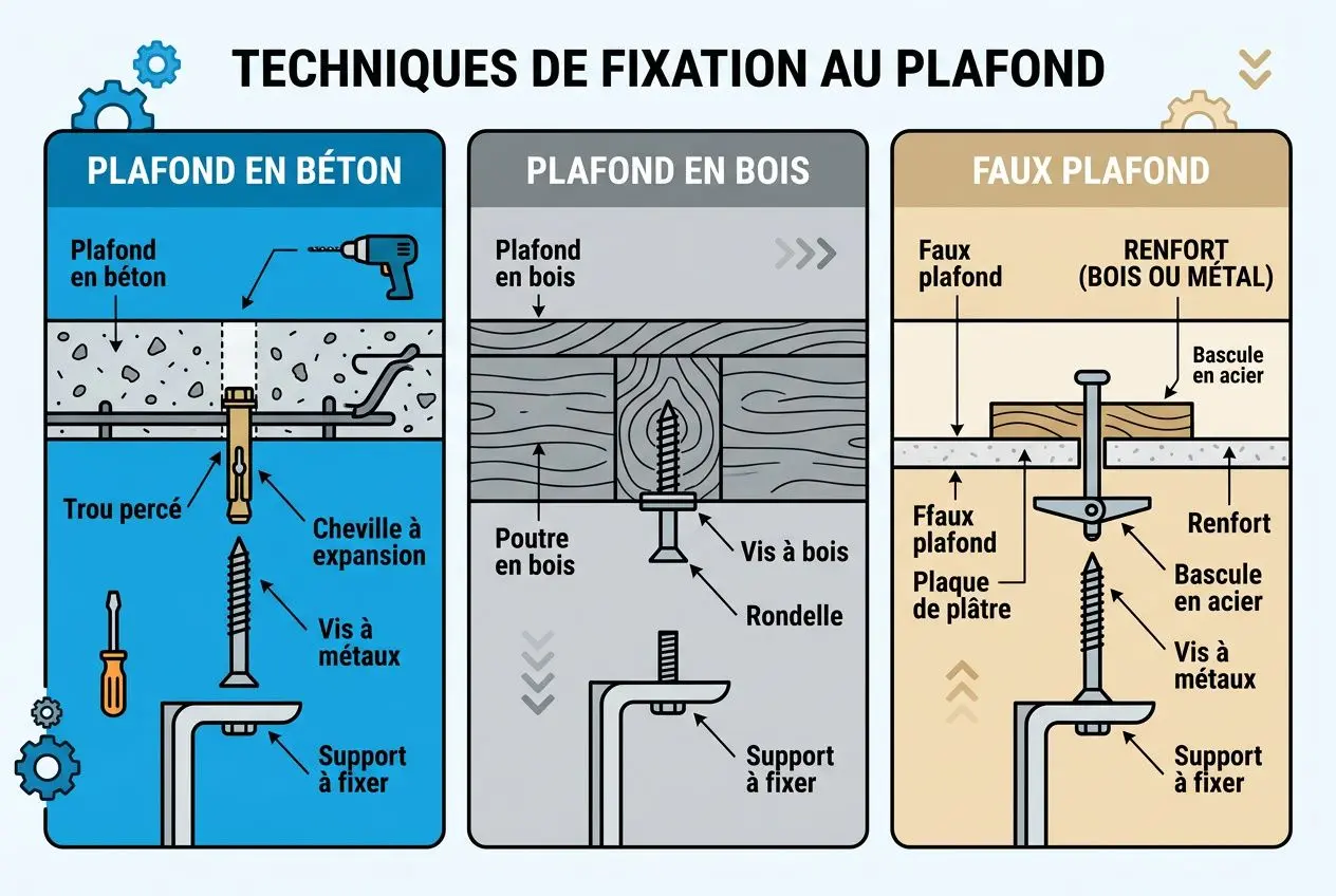 Schéma des techniques de fixation au plafond: planches montrant béton, bois et faux plafond avec vis, goujons et support à fixer.