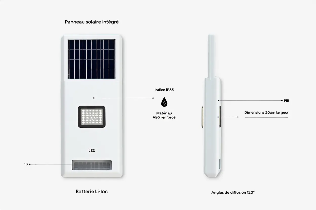 Application murale extérieure avec panneau solaire intégré, LED et batterie Li-Ion, vue de face et de profil. Installer applique murale exterieur, dimensions et diffusion 120°.