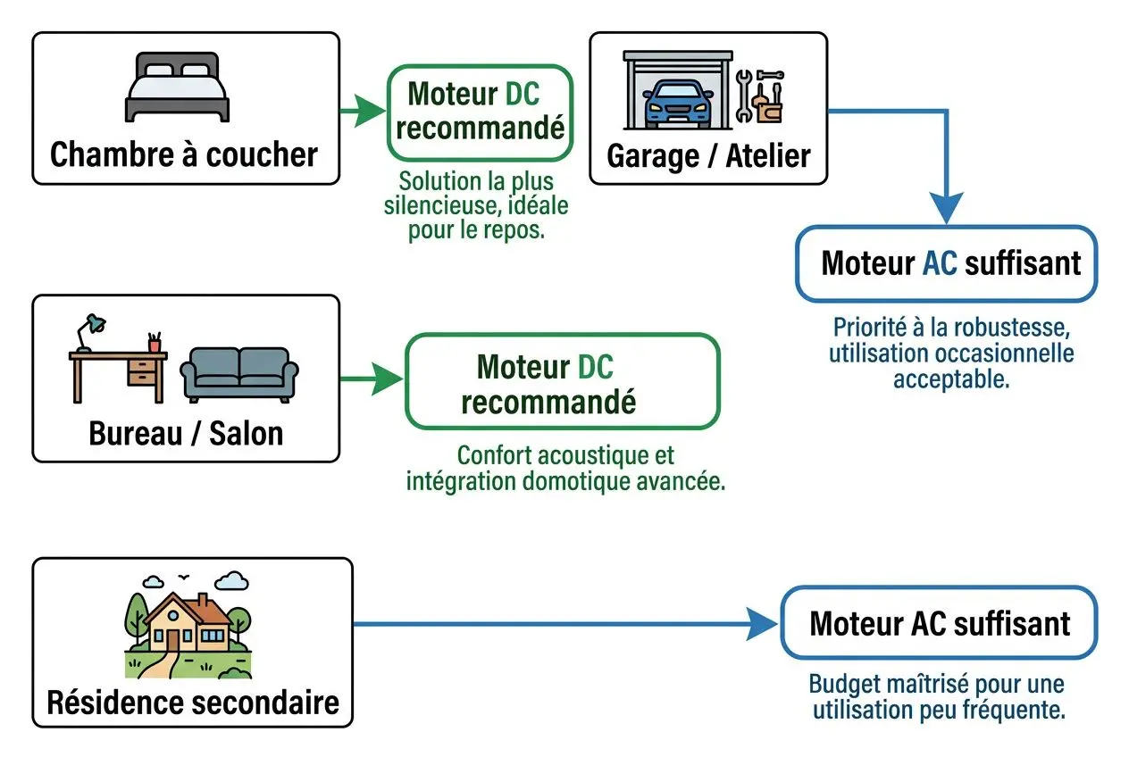 Diagramme montrant les choix de moteur et de climatiseur selon les pièces: chambre, bureau, résidence secondaire. Moins de bruit avec un moteur DC recommandé dans chambre et bureau, puis motorisation AC suffisante pour garage et résidence secondaire. Moindre utilisation fréquente du moteur AC niveau budget. Moisissure salle de bain mentionnée dans le contexte.