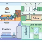 Plan d’un appartement en quatre pièces : salon avec canapé et lampadaire, cuisine équipée, chambre avec lit et tables de chevet, salle de bains avec douche et lavabo. intégrer le suit du plafonnier led si pertinent.