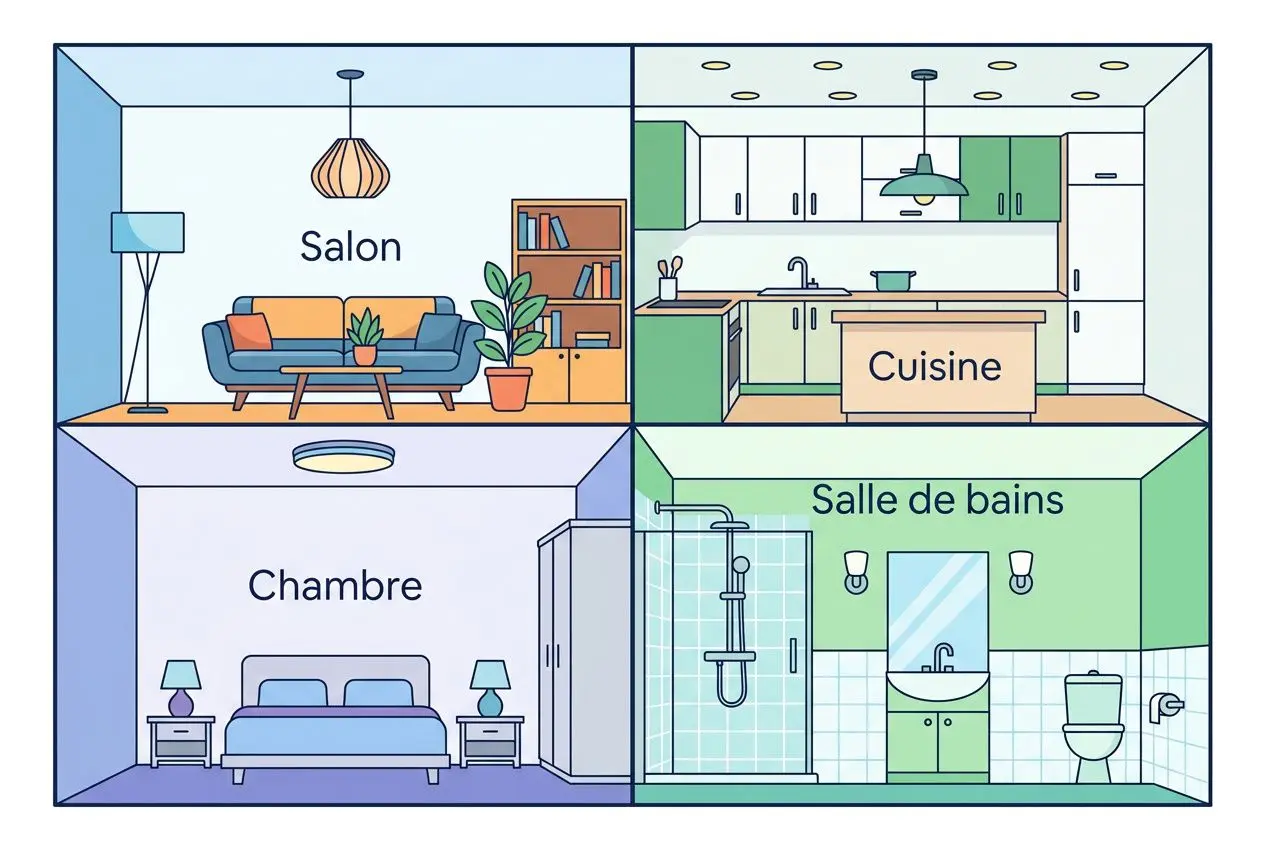 Plan d’un appartement en quatre pièces : salon avec canapé et lampadaire, cuisine équipée, chambre avec lit et tables de chevet, salle de bains avec douche et lavabo. intégrer le suit du plafonnier led si pertinent.