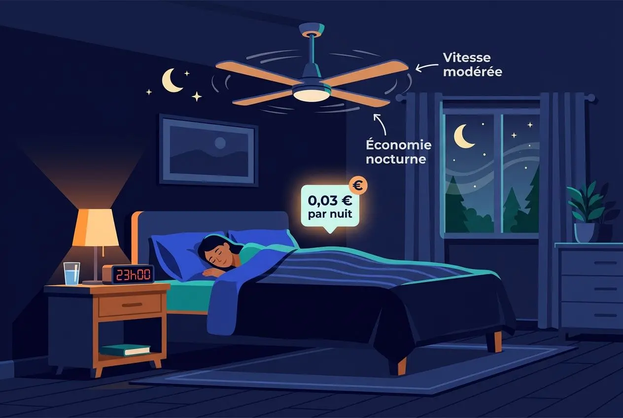 Salle à coucher nocturne montrant un bébé dormant dans le lit, avec ventilateur au plafond et rideaux ouverts sur la lune. Brume légère et étiquette d’économies nocturnes 0,03€ par nuit, ambiance calme et fraîche.