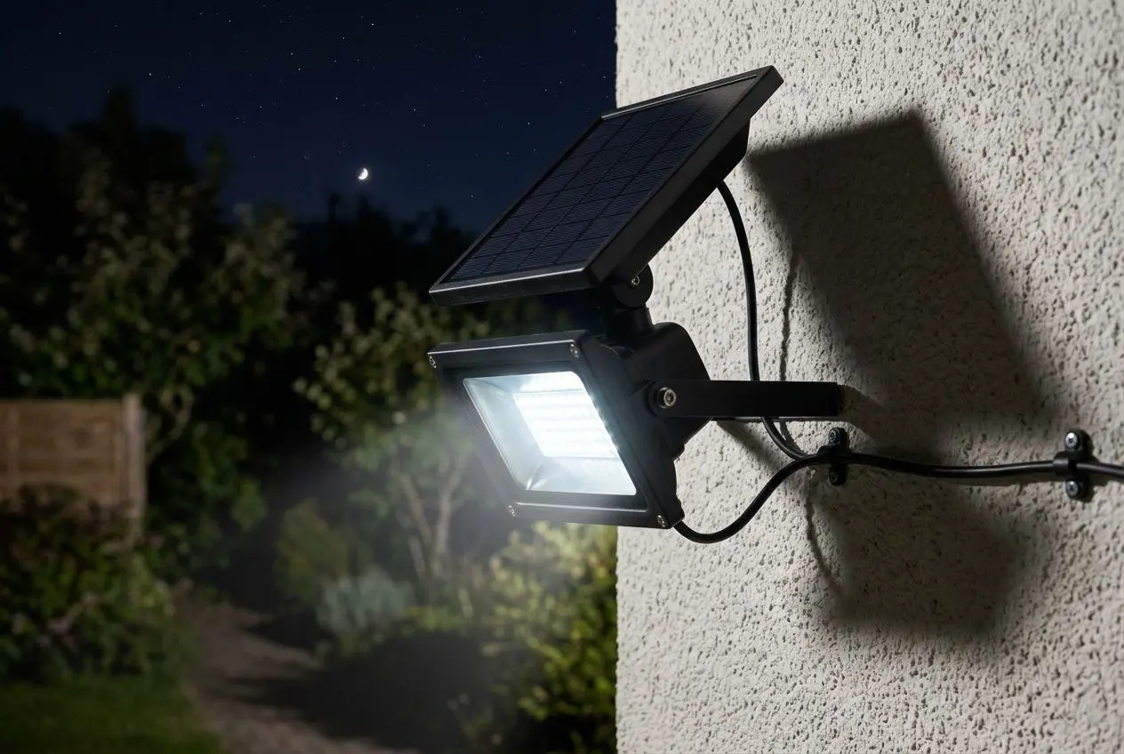 Spot lumineux solaire à montage mural pour éclairage extérieur led basse consommation, projeté sur le mur la nuit.