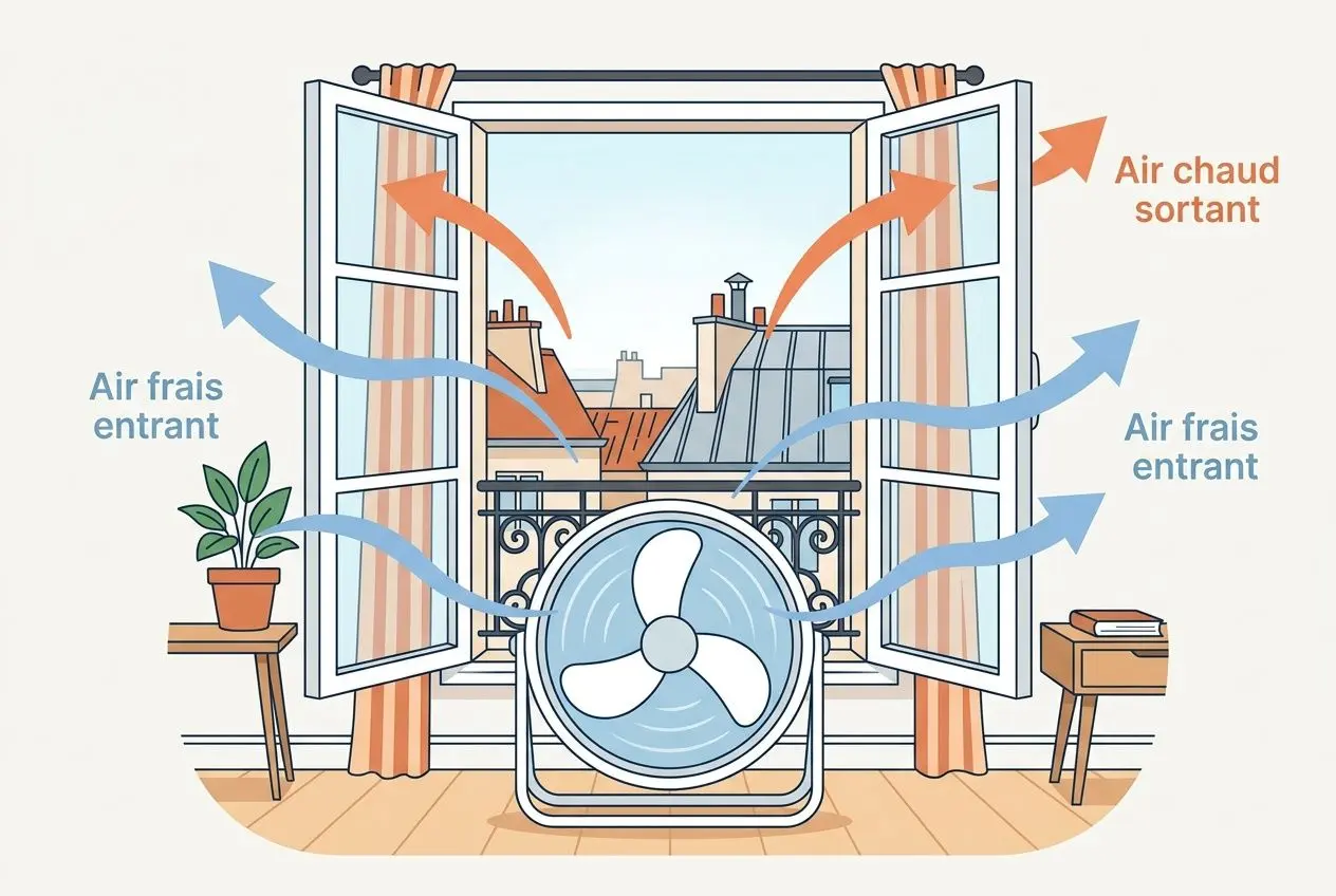 Ventilateur posé près d’une fenêtre ouverte, créant un flux d’air frais entrant et expulsant l’air chaud extérieur, pour rafraîchir l’appartement.