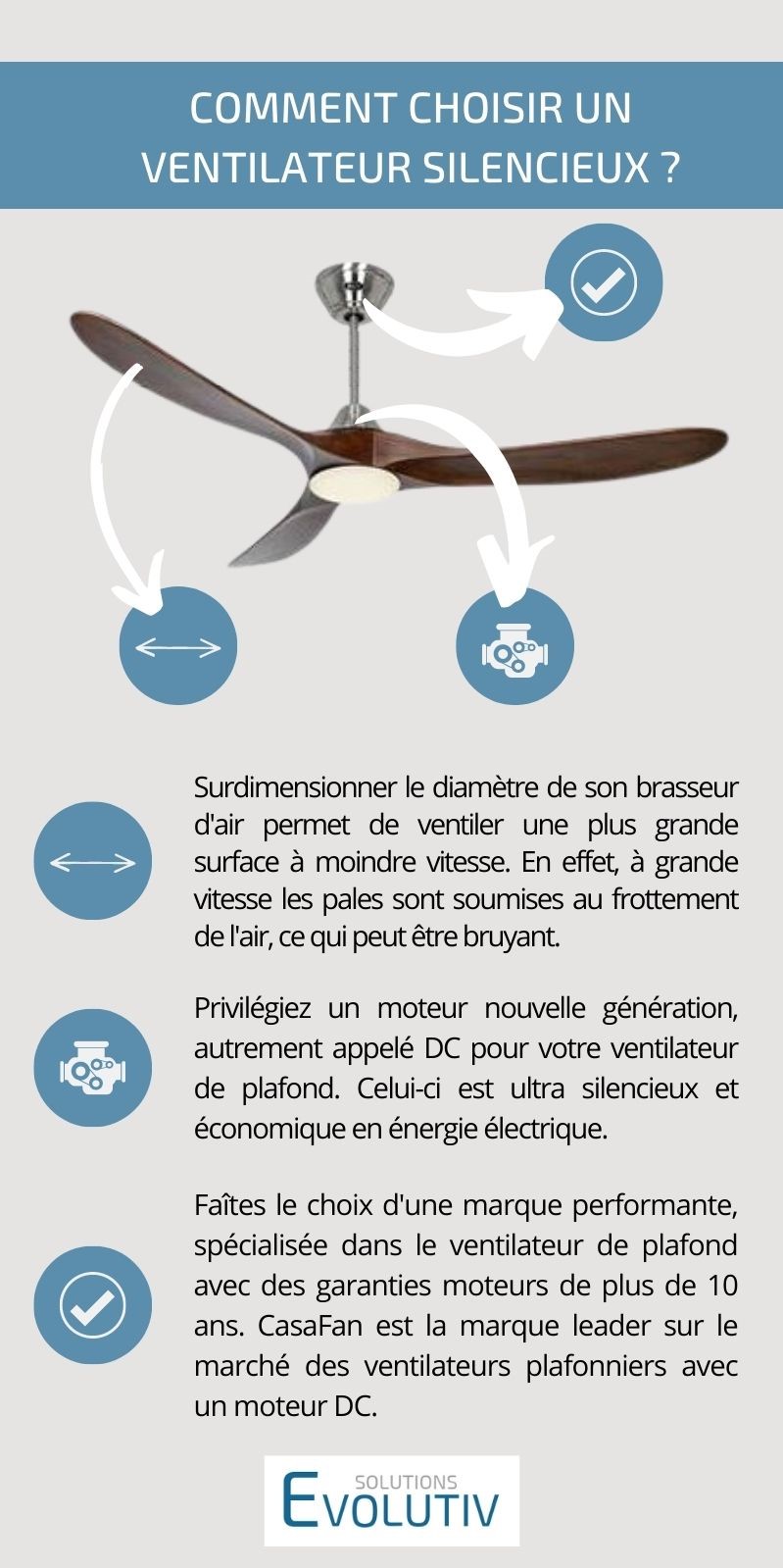 Destratificateur réversible : ventilateur silencieux avec ailettes, idéal été et hiver pour redistribuer l’air.