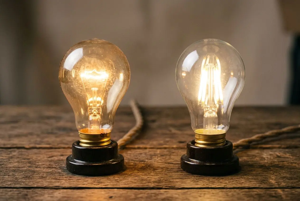 Deux ampoules à incandescence allumées sur une surface en bois, contrastant avec un fond flou. 2000 lumens c'est beaucoup, selon l'éclairage voulu.
