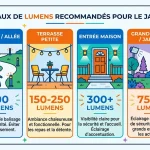 Diagramme illustrant les niveaux de lumens recommandés pour le jardin et terrasse: chemin/allée 100 lumens, terrasse petite 150–250 lumens, entrée maison >300 lumens, grande cour/jardin 750+ lumens; conseils lumineux et indice IP. mot-clé intégré: comment choisir luminaire exterieur.