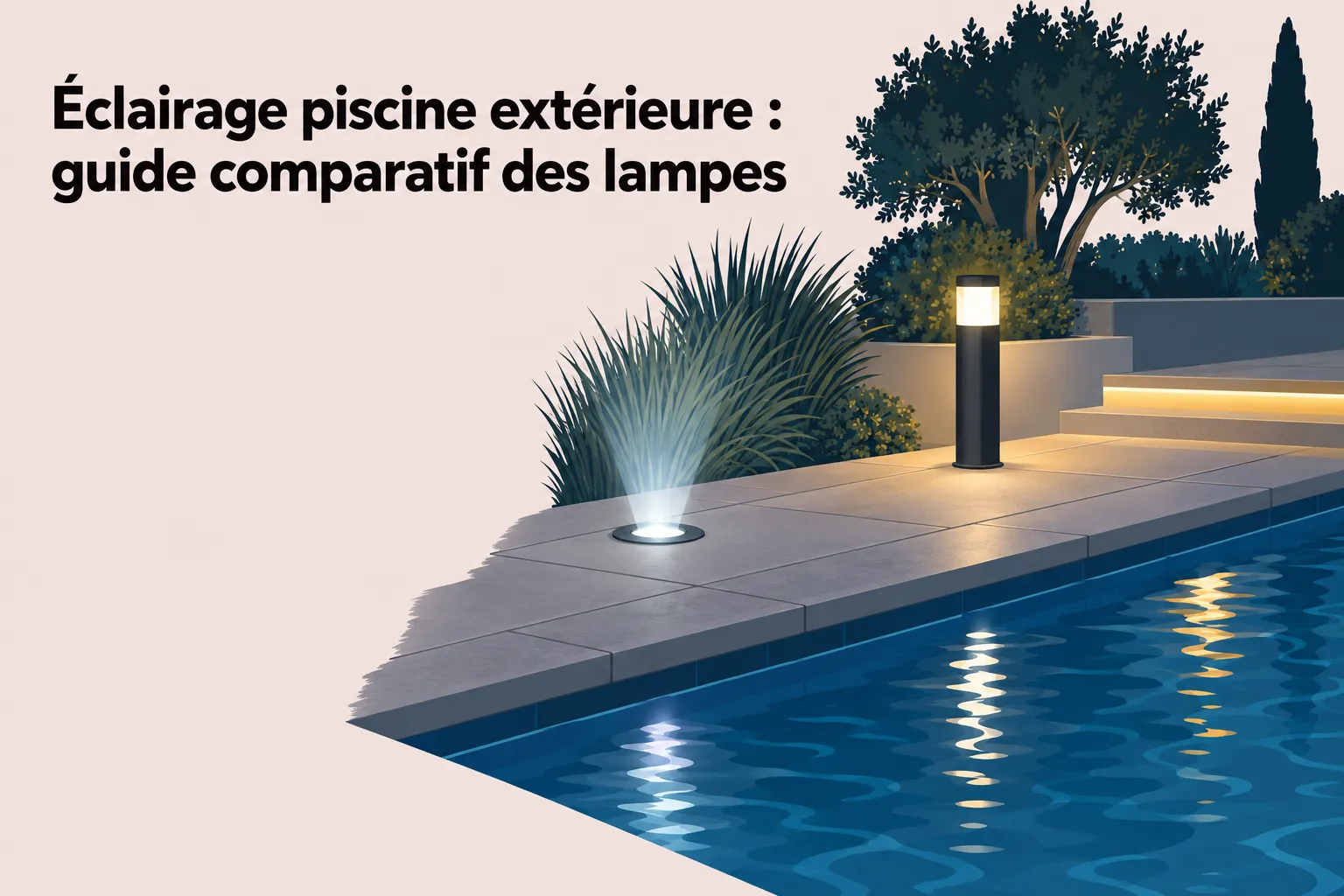 Éclairage piscine extérieure : lampe encastrée et borne lumineuse près de la terrasse au bord de la piscine, avec reflet dans l’eau.