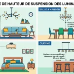 Guide de hauteur de suspension des luminaires illustré: salon, salle à manger, cuisine et chambre avec hauteurs recommandées et ambiances. Ampoule led ou classique à comparer selon puissance et consommation.