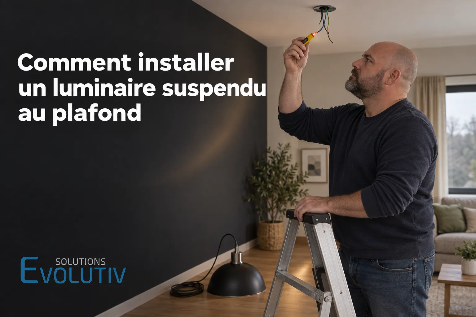Un homme monte sur un escabeau pour travailler sur un luminaire suspendu au plafond.