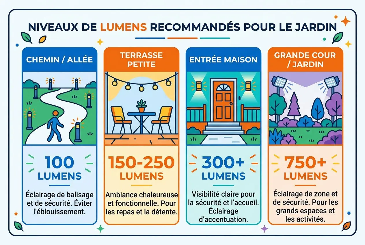 Lampe led étanche extérieur : panneau infographique démontrant les niveaux de lumens recommandés pour jardin et terrasse, avec 100–750+ lumens et indices IP variés.