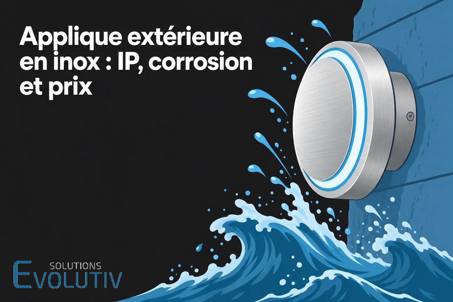 Lustre métallique d’une applique extérieure en inox fixée au mur avec un motif d’onde bleue.
