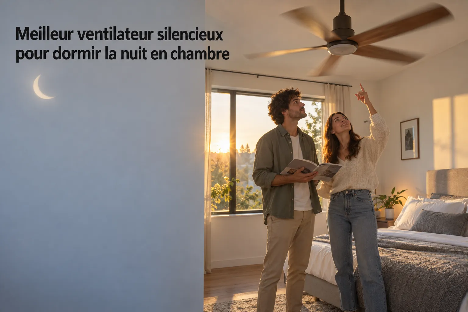 Meilleur ventilateur silencieux pour dormir la nuit en chambre, couple discutant près du ventilateur de plafond dans une chambre lumineuse au coucher du soleil.
