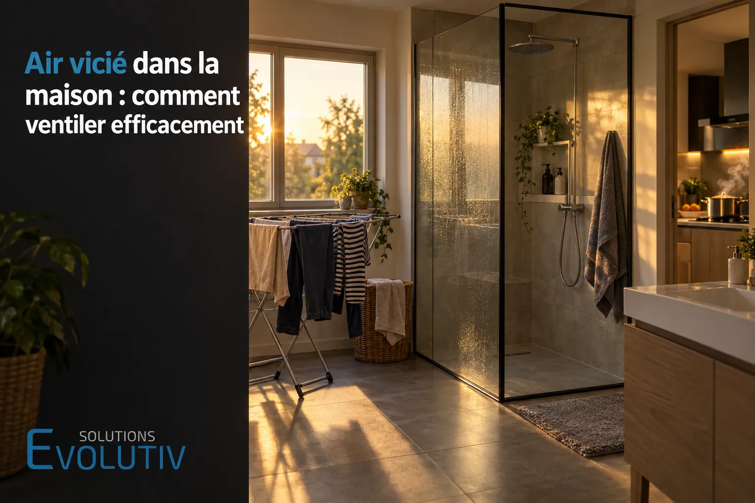 Une salle de bains lumineuse avec douche vitrée et linge suspendu près d’une fenêtre, montrant un espace intérieur moderne.
