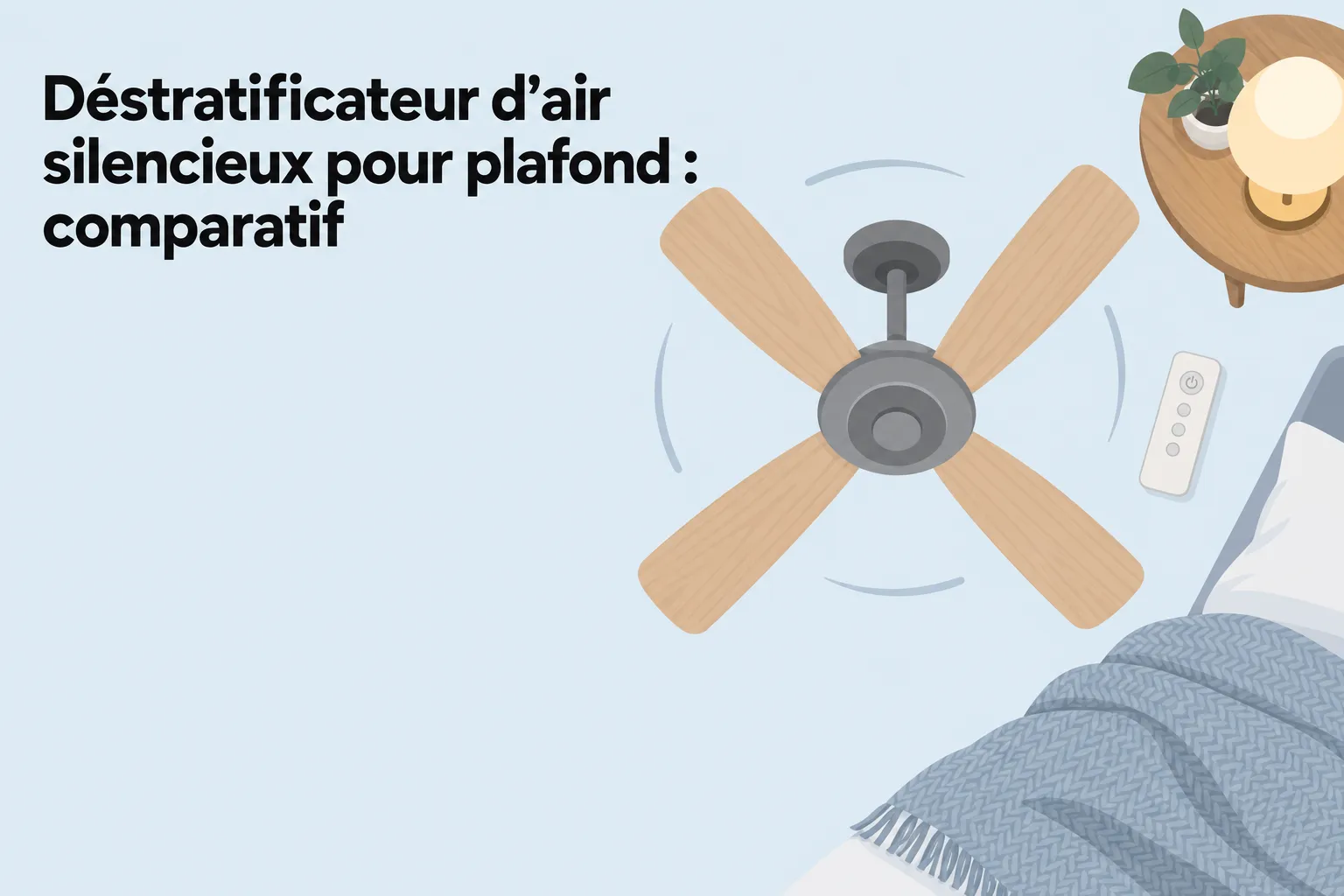 Ventilateur de plafond vue d’en haut avec une table et une lampe à côté dans une chambre.