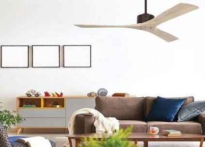 Ventilateur de plafond suspendu au-dessus d’un salon avec canapé et table basse.